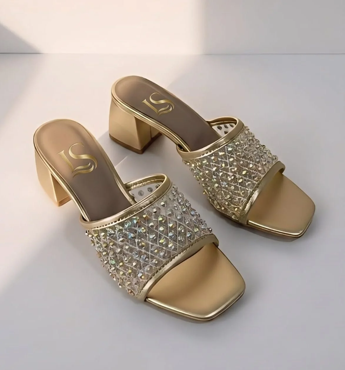 Luxestepz Crystal Mesh Block Heels